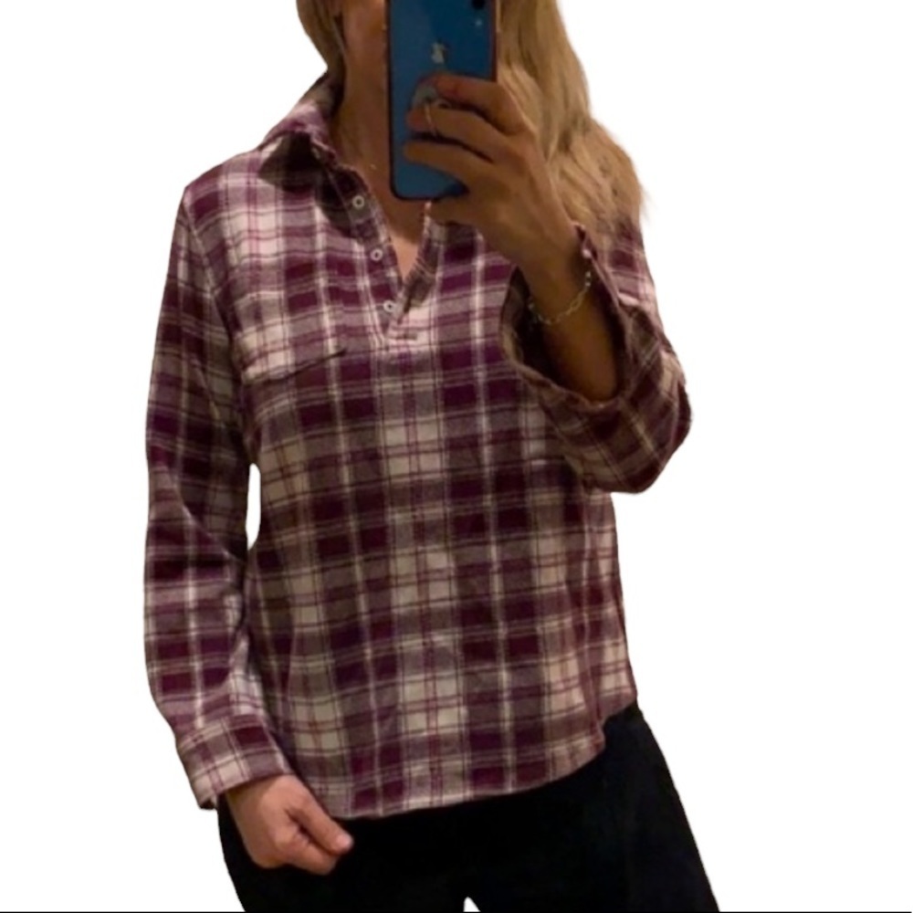 Lands End Flannel Plaid Pullover Long Sleeve Shirt  Pink Burgundy Medium Womens